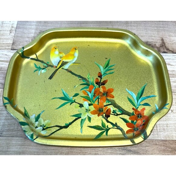 Vintage Gold Metal Tray With Hand-Painted Birds & Floral Design By Elite Trays M - Picture 1 of 3